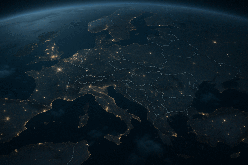 High-angle satellite view over Europe at dusk with lit cities and traced borders under cloud cover.