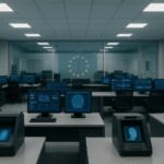 A modern EU crisis coordination centre with biometric terminals and a translucent EU flag visible behind glass walls.