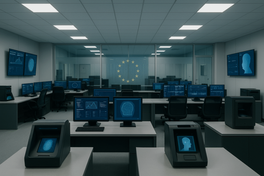 A modern EU crisis coordination centre with biometric terminals and a translucent EU flag visible behind glass walls.