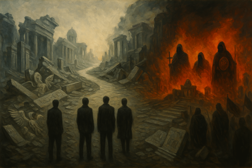 Four faceless figures stand at a ruined urban crossroads—one path climbs through shattered law, the other descends into fire under cloaked watchers.