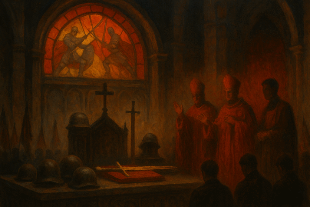 A faceless sovereign on a throne of books and surveillance monitors, with advisors projecting icons onto screens in a fractured marble chamber. Ivan Ilyin.