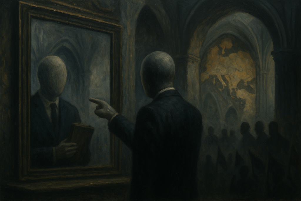 A faceless figure points at a mirror showing inverted reality as war maps peel from a crumbling cathedral wall. Ivan Ilyin.