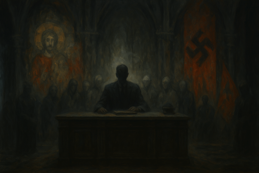A faceless figure seated at a grand desk in a cathedral-like chamber, surrounded by ghostly advisors and blurred religious-fascist symbols.