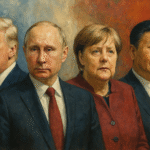 A landscape digital painting showing four abstract, non-identifiable political figures standing in a divided backdrop symbolising ideological polarity—blue-gray tones on one side, red-orange hues on the other.