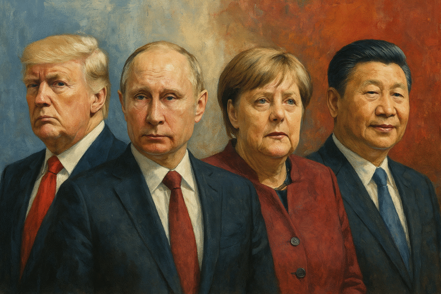 A landscape digital painting showing four abstract, non-identifiable political figures standing in a divided backdrop symbolising ideological polarity—blue-gray tones on one side, red-orange hues on the other.