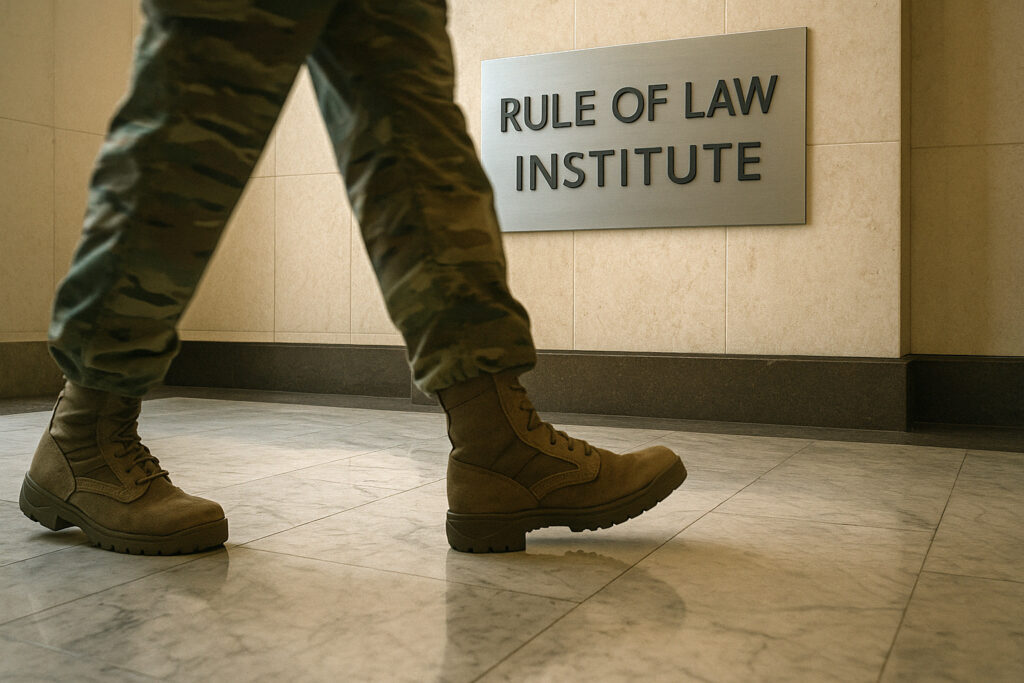 Military boots stride across a marble floor beneath a sign reading “Rule of Law Institute,” symbolising the convergence of ethics and institutional force. The Moral Battlefield.