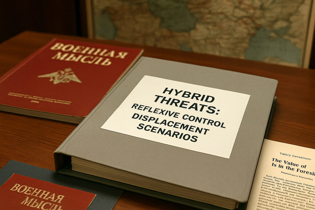 Binder labeled “Hybrid Threats: Reflexive Control – Displacement Scenarios” on table beside Russian journals. Russia’s Migration Doctrine.