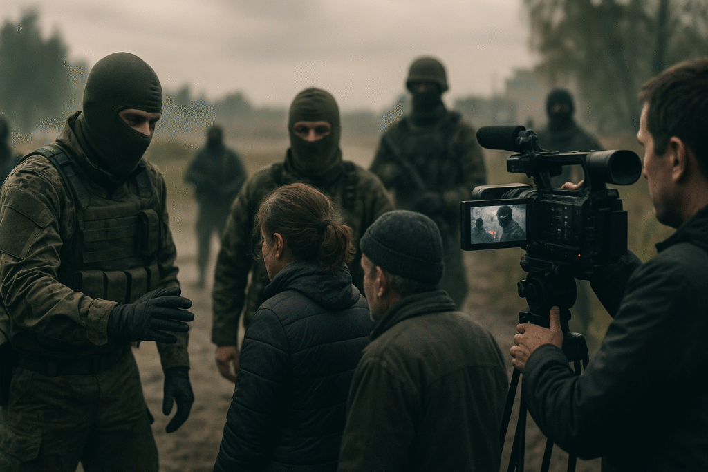 Masked, insignia-less soldiers interact with civilians while a news camera displays an altered version of the same event. Hybrid Warfare.