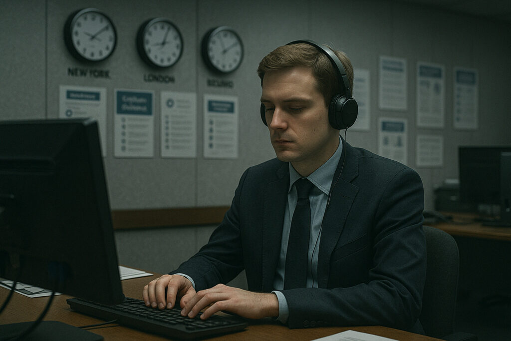 A young bureaucrat sits at a desk surrounded by systems and digital clocks, wearing headphones but emotionally disengaged.