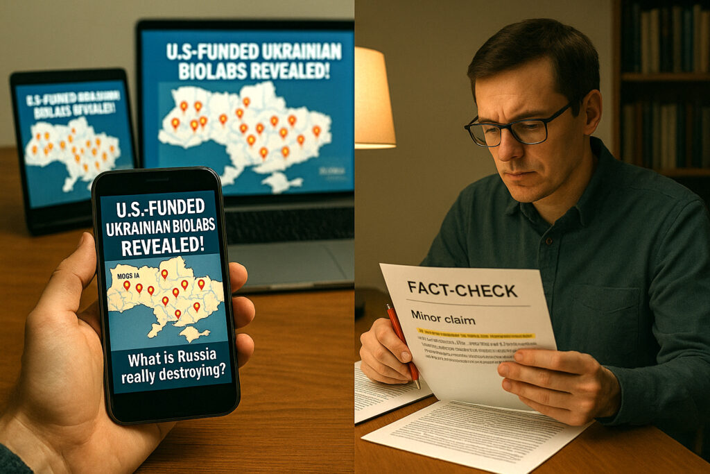 Fact-checker screen showing minor claim analysis beside viral meme of a biolab conspiracy. Format over facts.