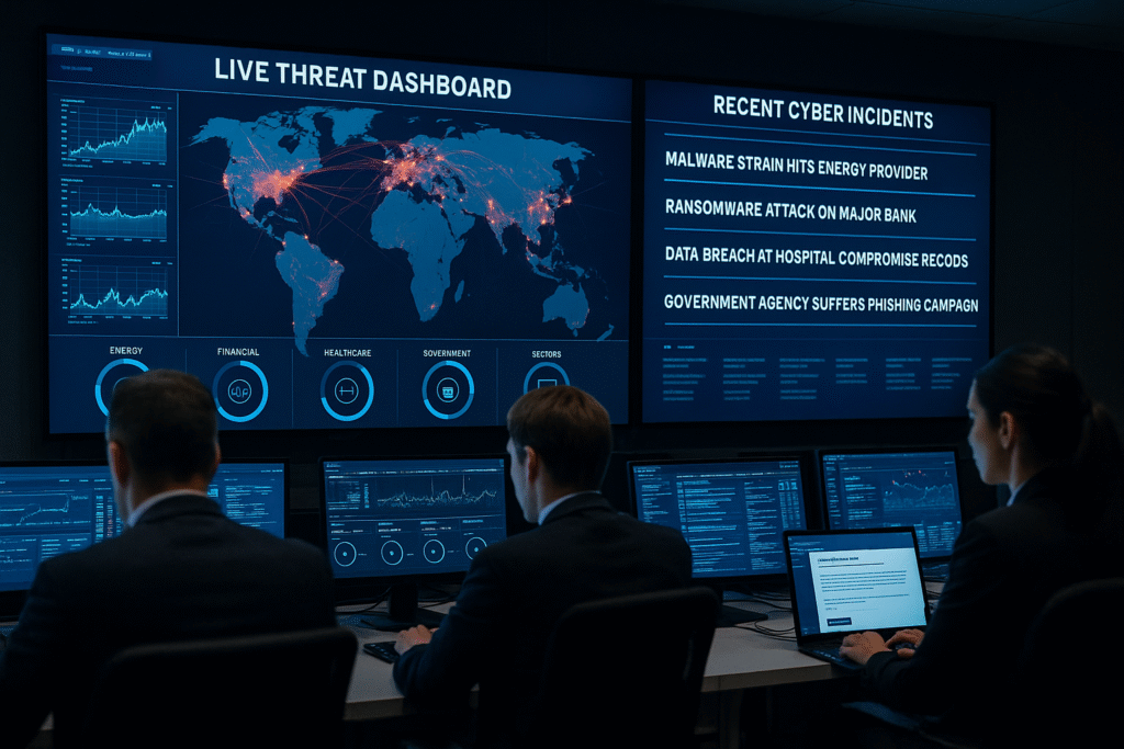 Cybersecurity operations centre with analysts and large digital threat dashboards. Scattered Spider.