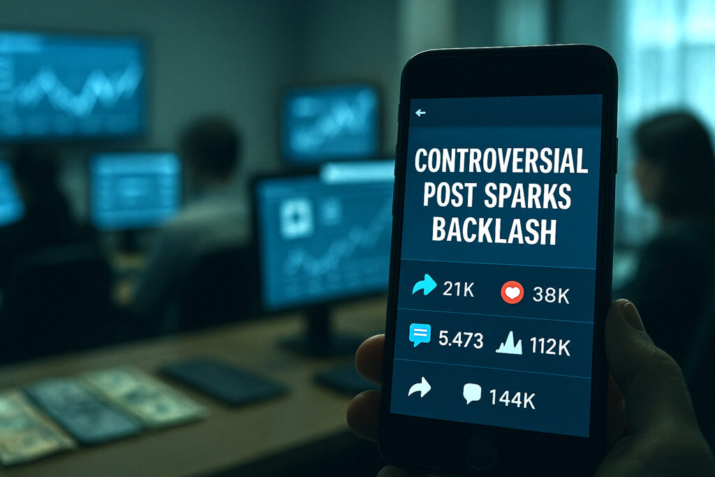  Phone interface displaying viral engagement metrics beside blurred moderation rooms. Propaganda Supply Chain.