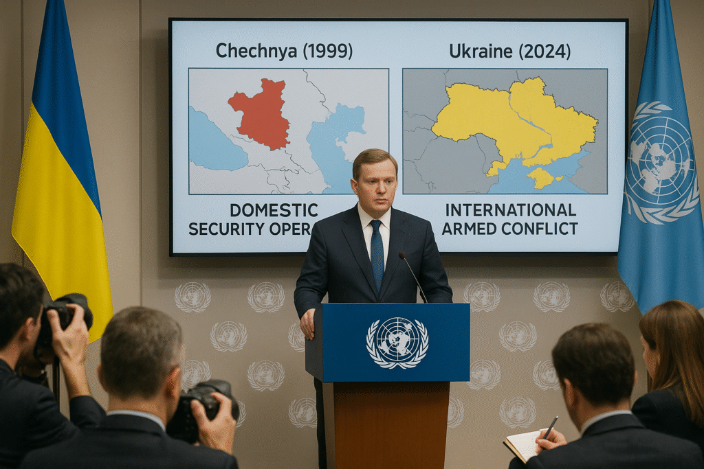 Ukrainian diplomat speaks at UN press briefing beside a screen comparing Chechnya 1999 and Ukraine 2024 war classifications. Why Russia Can’t ‘Grozny’ Ukraine.