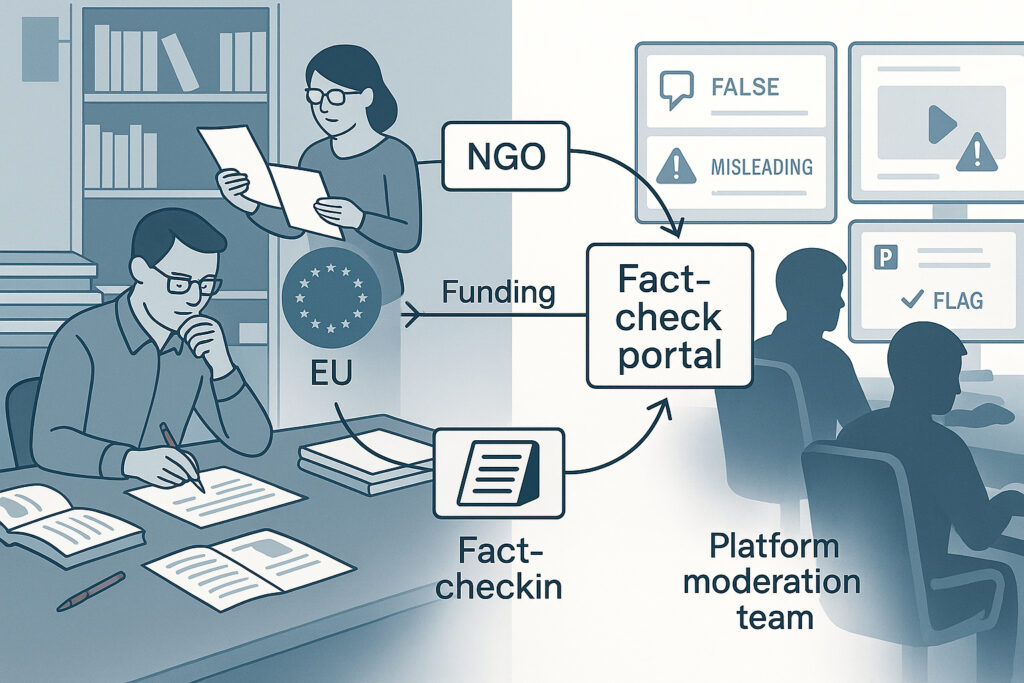 Split view of legacy fact-checking and modern content moderation.
Title: The Fact-Checking Pipeline. The Disinformation Industry.