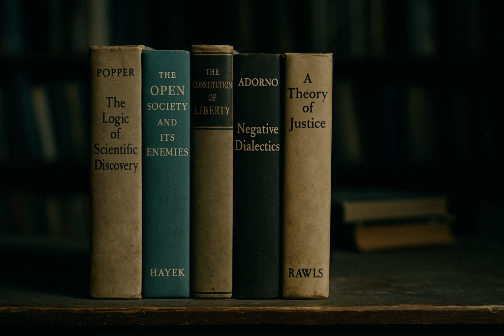 Close-up of faded philosophy books by Popper, Hayek, Adorno, and Rawls on an old library shelf. Return of the Strong Gods.