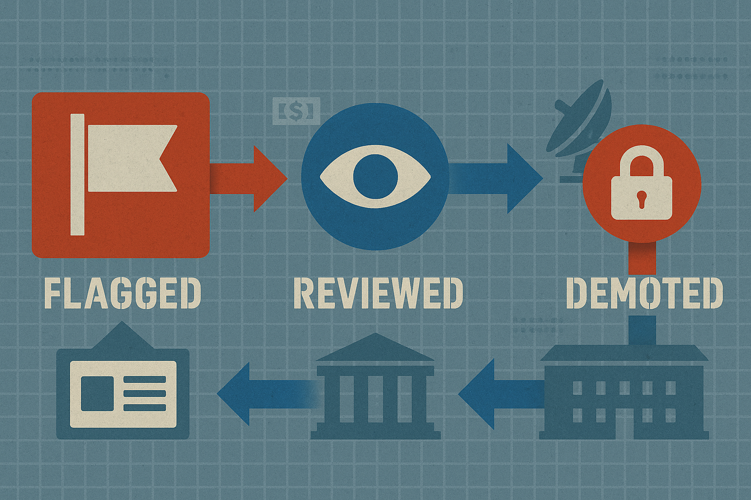 Moderation pipeline graphic showing flagged content passing through review and suppression stages. Weaponised Fact-Checking.