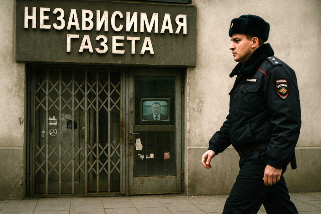 A Russian police officer walks past a shuttered independent media office. Behind the barred door, a static-filled television displays a state news anchor. The Moral Battlefield.