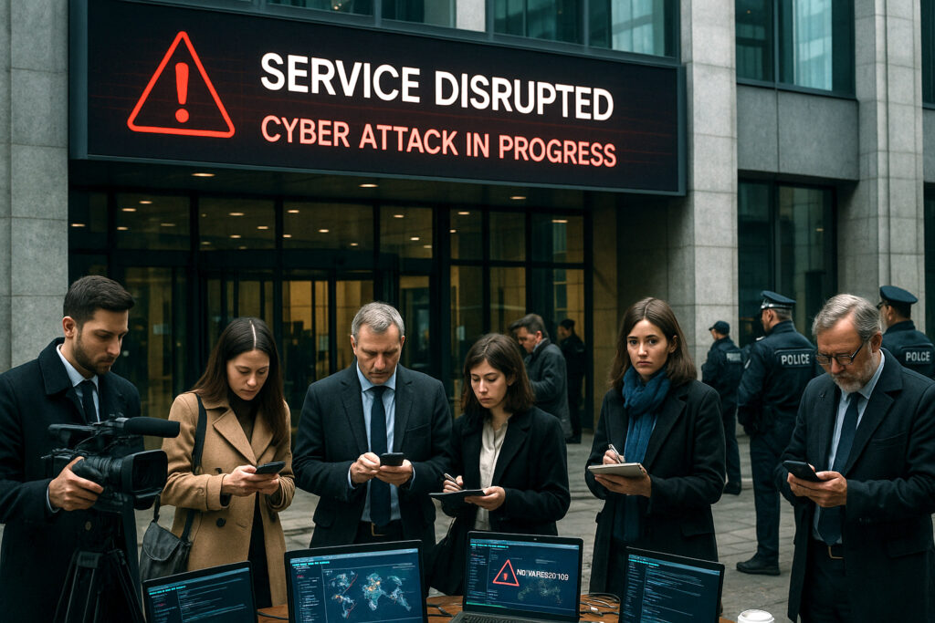 A photorealistic, landscape image of a modern European government or media building during a cyber incident. The main digital signboard reads “Service Disrupted – Cyber Attack in Progress.” Outside, journalists and professionals use their phones, with police and security visible. The architecture is authentically European. .
