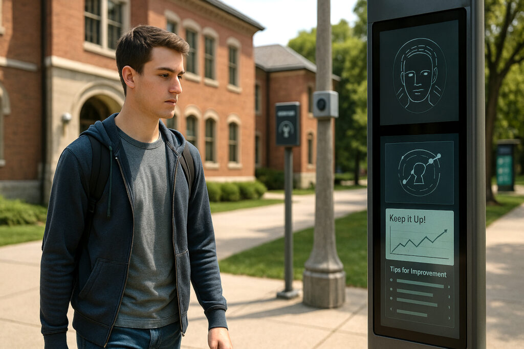 University student at a biometric kiosk surrounded by ambient surveillance tools