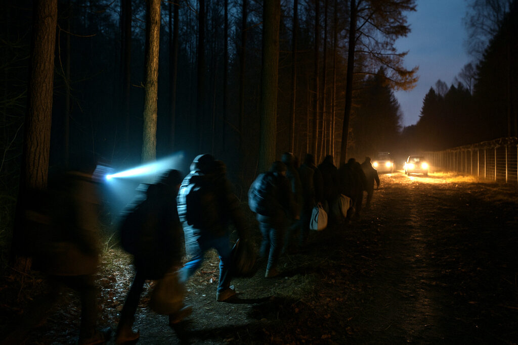 Migrants with flashlights cross a forest path at night near a guarded border fence.