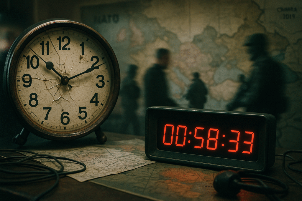 A broken analog clock overlaps a red digital countdown; blurred silhouettes of Russian and NATO personnel suggest asymmetry. Hybrid Warfare.