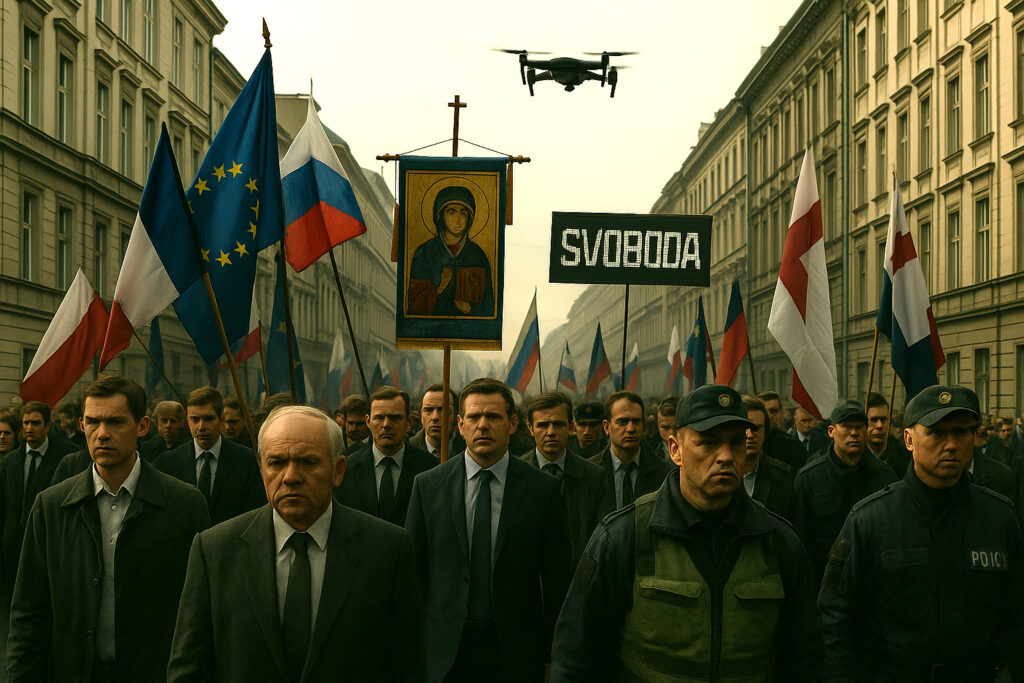Protestors in suits and uniforms march beneath national flags, icons, and surveillance drones.