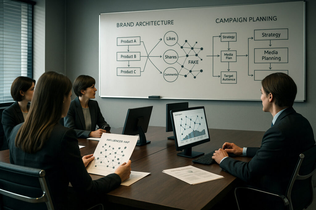 Professionals in a PR agency analyse diagrams that resemble troll farm operations. Propaganda Supply Chain.