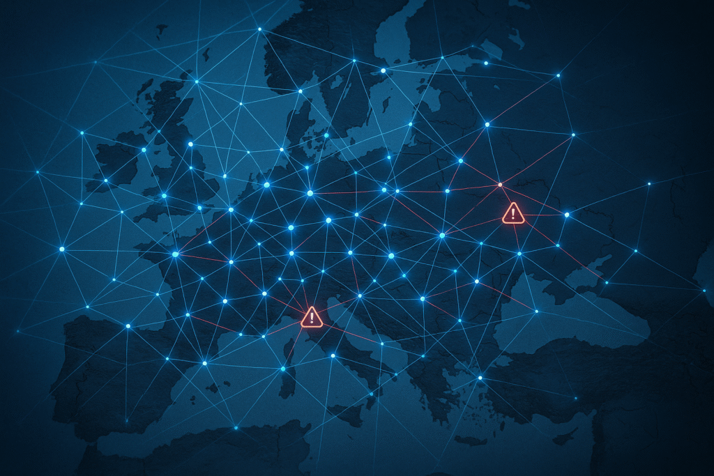 Digital spider’s web and coloured data lines over a nameless map of Europe, warning icons at anonymous nodes. Scattered Spider.