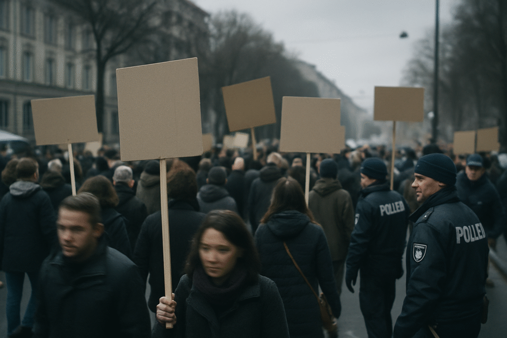 A photorealistic protest in a European city where protesters hold blank signs, faces blurred, police present.Return of the Strong Gods.