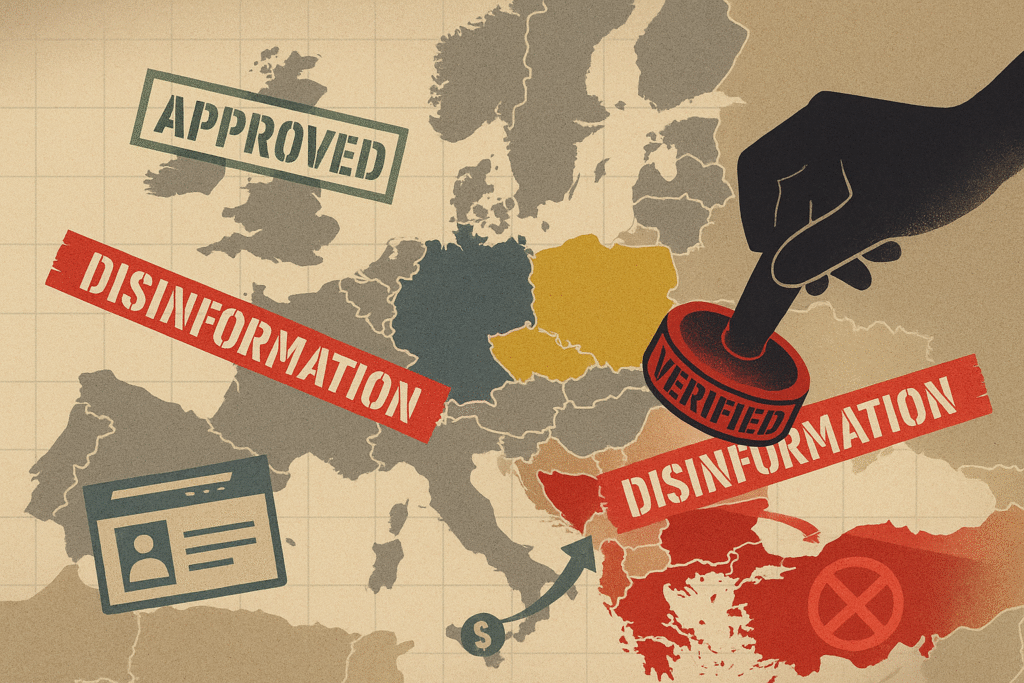 Map of Europe showing zones labelled APPROVED and DISINFORMATION, overlaid with red censorship tape. Weaponised Fact-Checking.