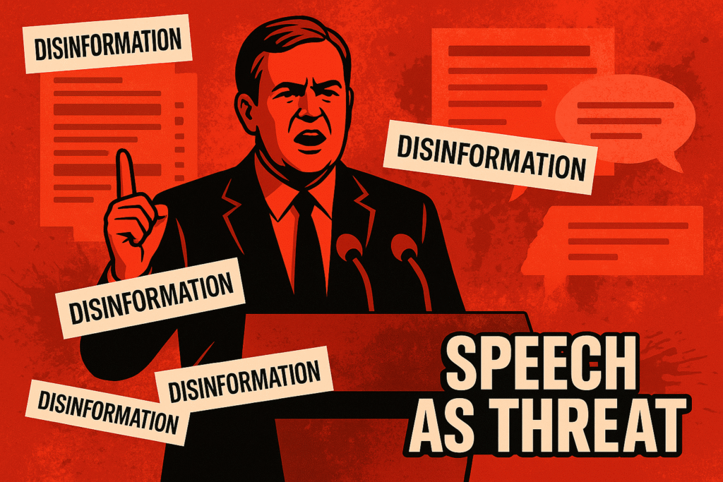 Press podium layered with digital censorship symbols and disinformation tags. The Disinformation Industry.