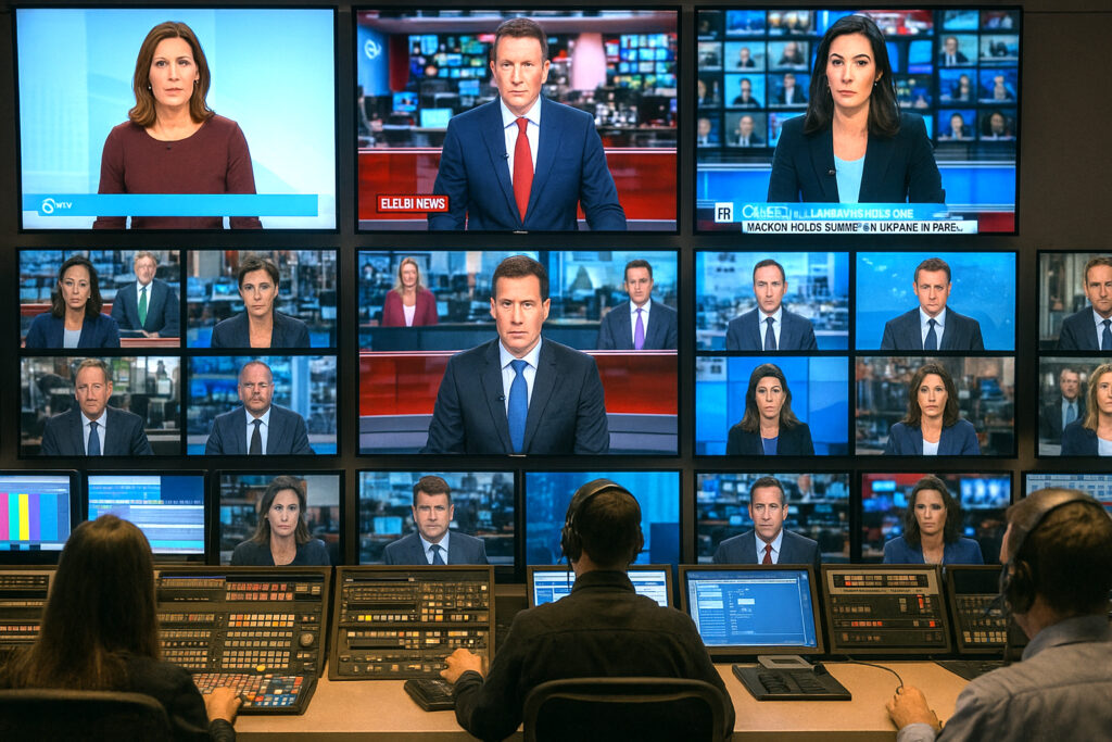A Western TV control room displays dozens of news broadcasts from trusted institutions. A single RT feed is visible but muted. The Moral Battlefield.