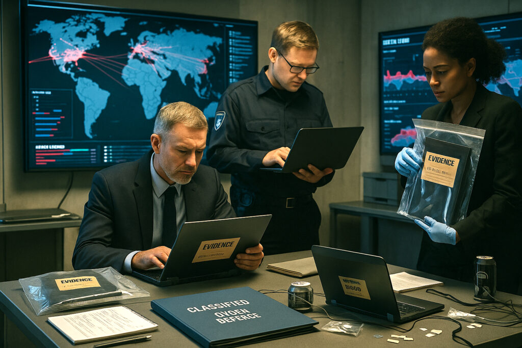A landscape-format, photorealistic image inside a digital forensics lab. Security analysts examine evidence bags, seized laptops, and notepads after a cyber raid. Large screens display DDoS source mapping and network flow analysis. The room is filled with “Classified – Cyber Defence” folders, authentic tools, and natural lighting. NoName057(16).