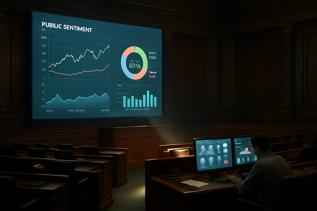 Empty parliamentary chamber with a digital screen showing real-time public sentiment data