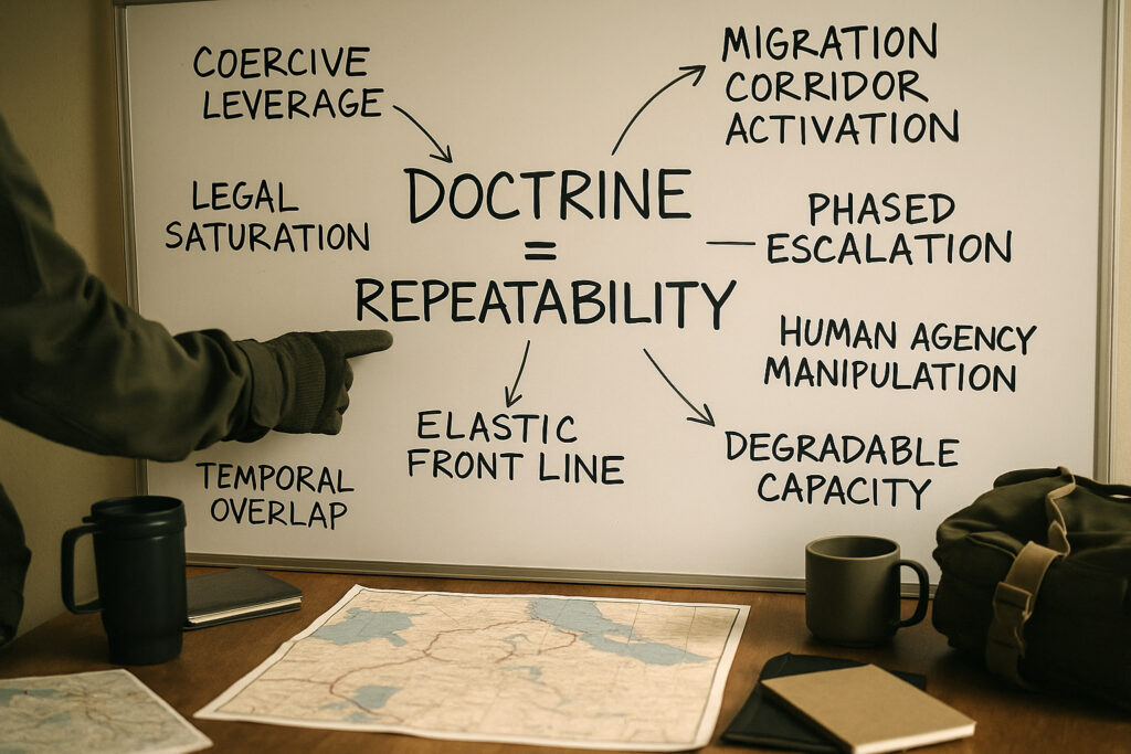 Whiteboard with phrases like “coercive leverage” and “migration corridor activation” and a hand pointing to “doctrine = repeatability”
