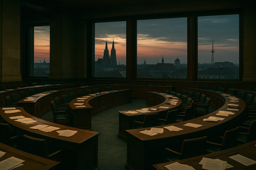 An empty European parliamentary chamber at dusk, with distant spires and telecom towers beyond the windows.