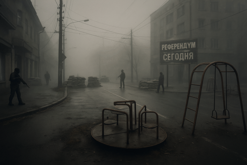 A fog-shrouded street with unmarked militia, sandbagged checkpoints, and a damaged “Referendum Today” sign near an empty playground. Hybrid Warfare.
