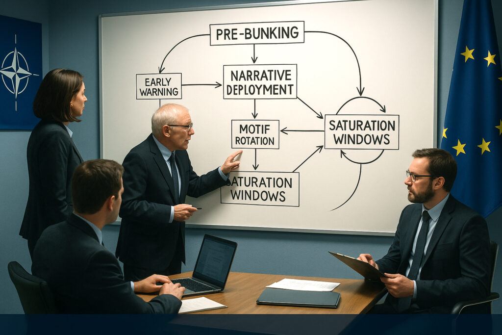 A doctrine whiteboard listing “Pre-bunking,” “Motif Anticipation,” and “Narrative Saturation Timing.”