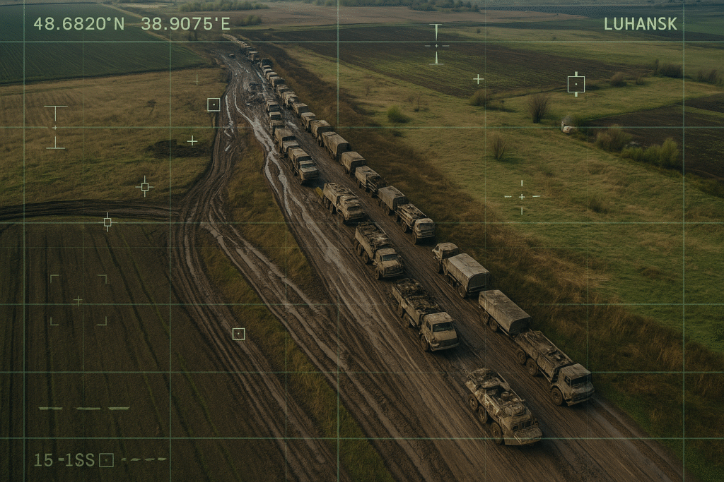 Aerial drone image shows a Russian military convoy halted on a muddy road in Luhansk, with ISR overlays visible. Why Russia Can’t ‘Grozny’ Ukraine.
