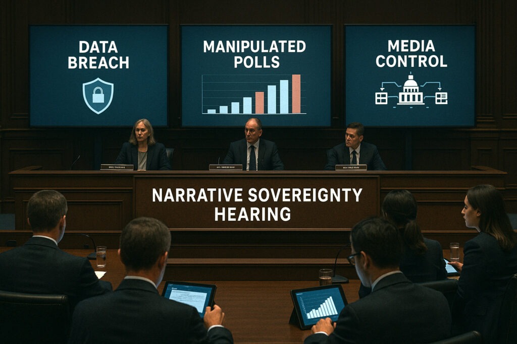  Lawmakers and analysts review visual evidence of digital influence operations in a formal hearing. Propaganda Supply Chain.
