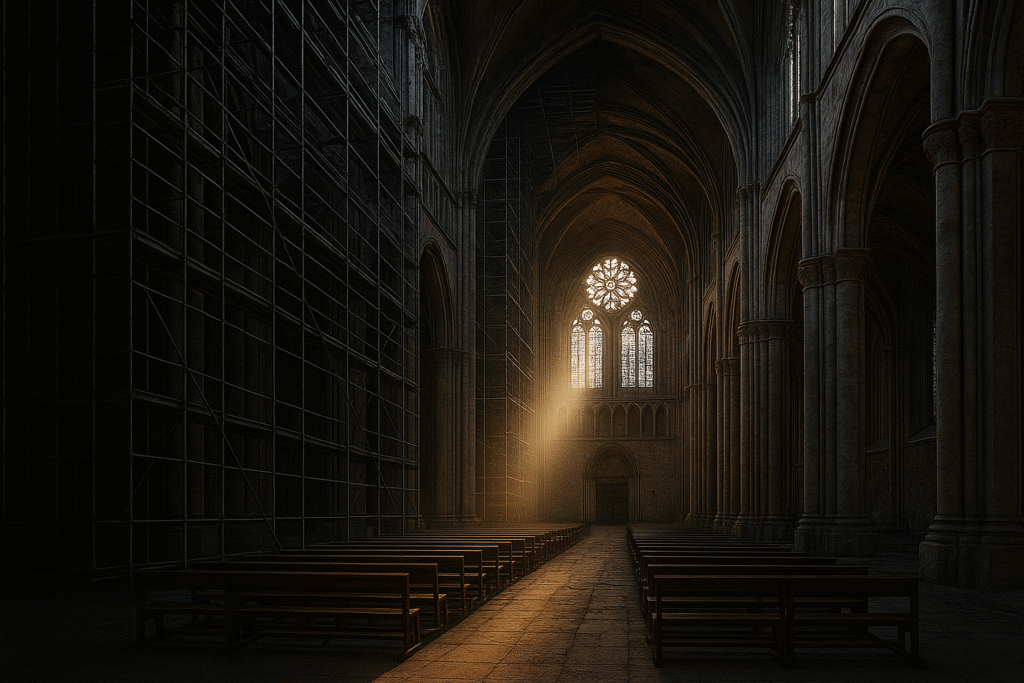 Interior of a cathedral with scaffolding on one side and restored architecture on the other, lit by dawn light.Return of the Strong Gods.