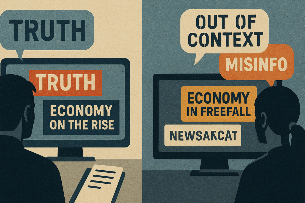 Split image of two people viewing different versions of the same news event on screen.