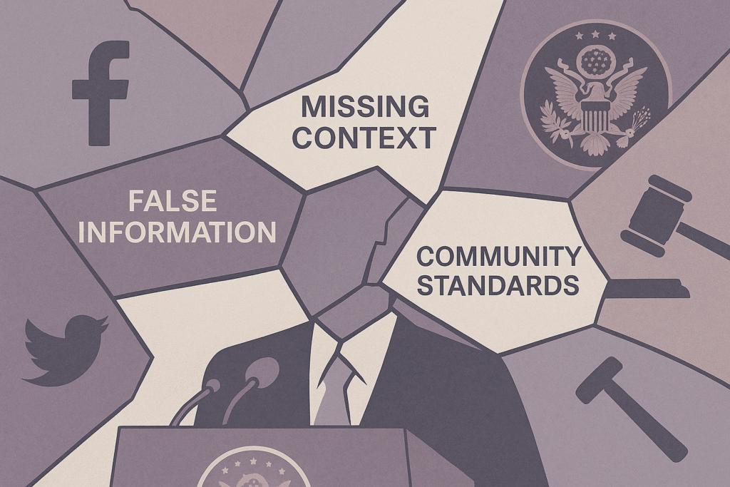 Cracked mirror reflecting symbolic institutions and moderation labels.