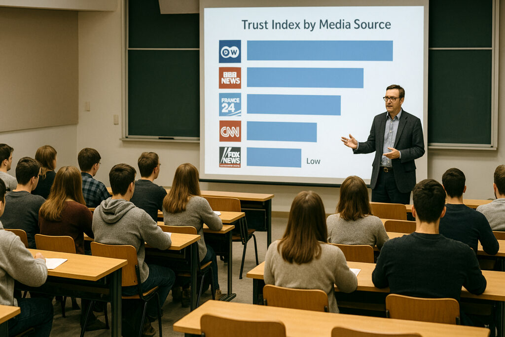A professor presents a “Trust Index by Media Source” chart to university students, with logos of major networks visible. The Moral Battlefield.