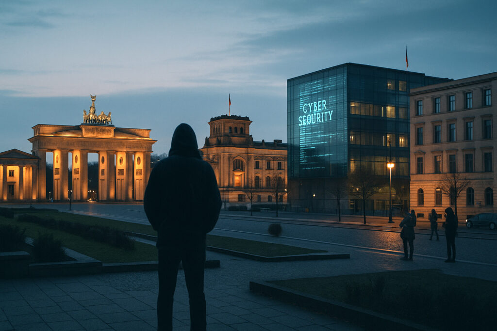 A dusk-lit, landscape cityscape of Berlin or Brussels. Prominent government buildings are subtly illuminated, faint digital overlays show network traffic and cybersecurity banners. In the foreground, a solitary, unidentifiable figure stands watching the city. The mood is serious, watchful, and grounded in real-world European security. NoName057(16).