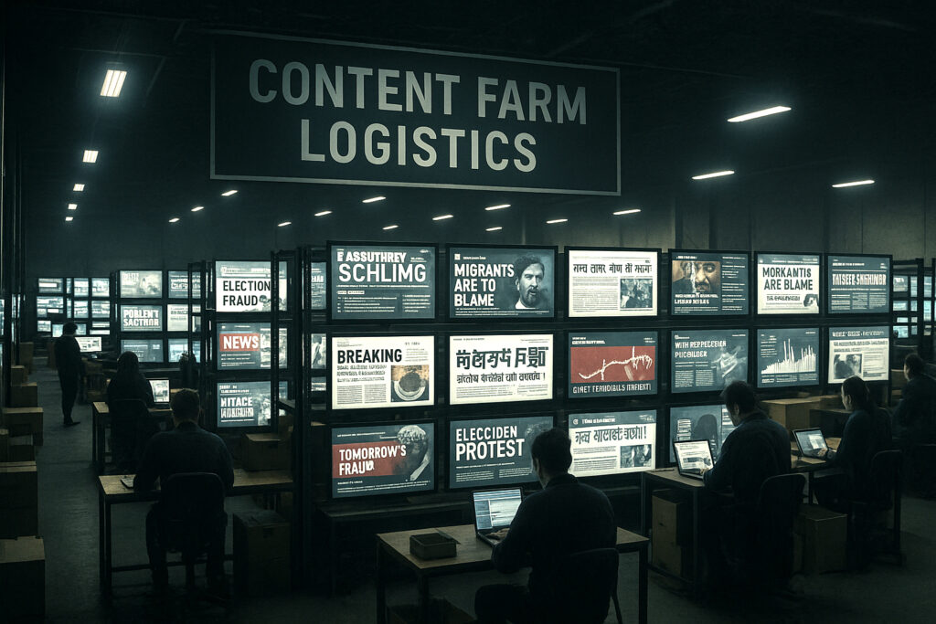 A warehouse broadcasting coordinated disinformation in multiple languages.
