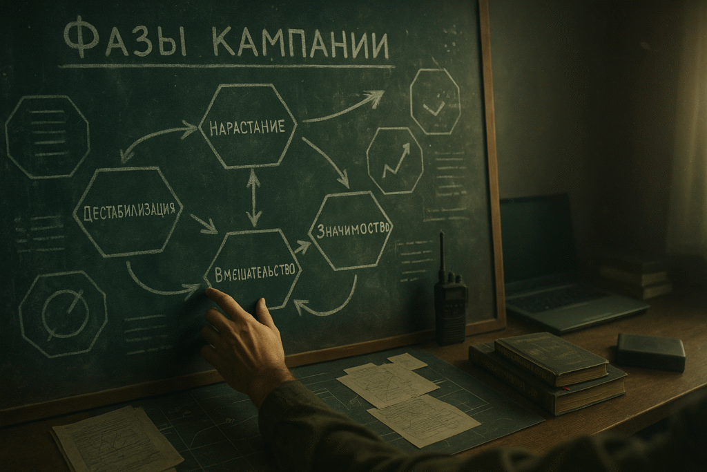  A strategist’s hand adjusts hexagonal campaign phases on a chalkboard while hybrid command tools sit in the background.