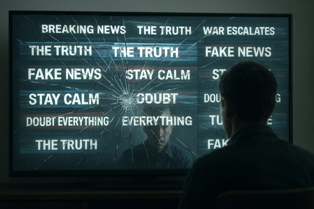 Cracked television screen displaying repeated slogans and contradictory headlines.