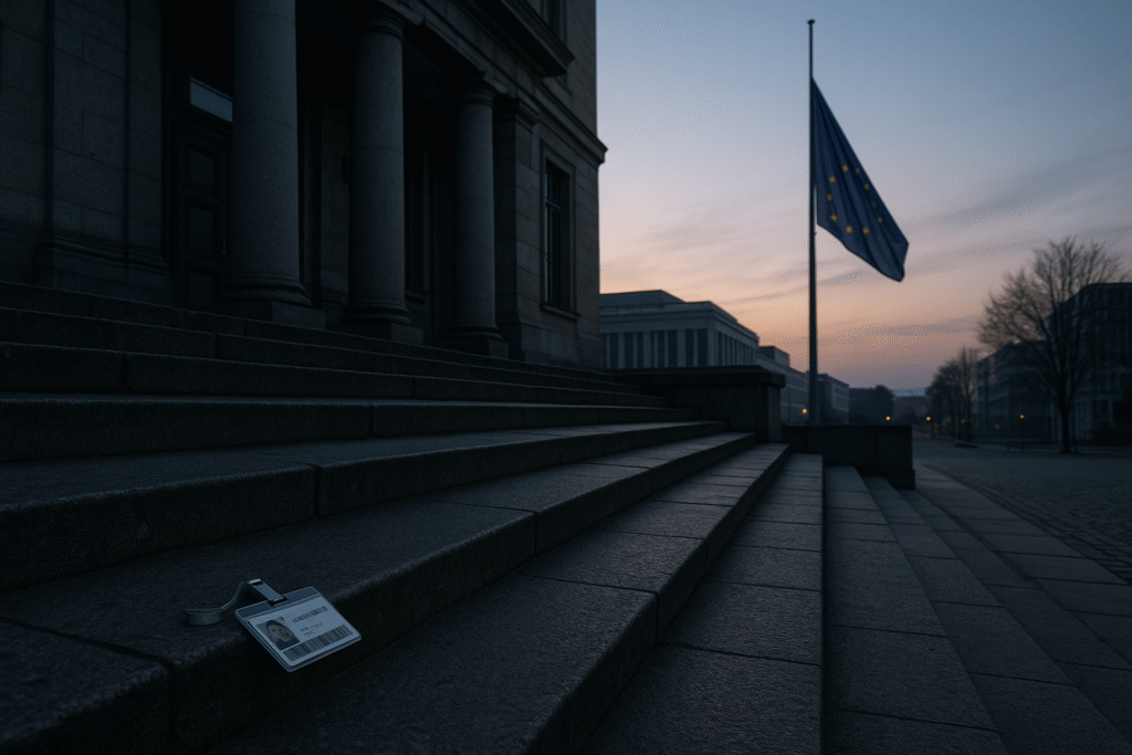 Dawn landscape of empty government steps, with a discarded security badge and half-mast EU flag.