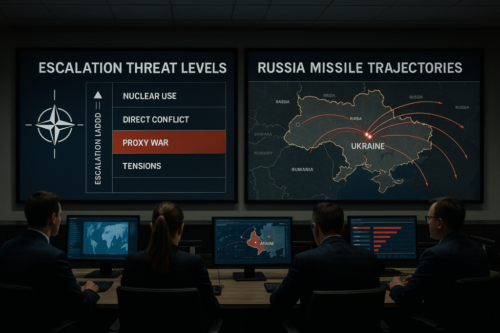 NATO analysts review missile trajectory data and escalation ladders in a war room focused on Ukraine. Why Russia Can’t ‘Grozny’ Ukraine.